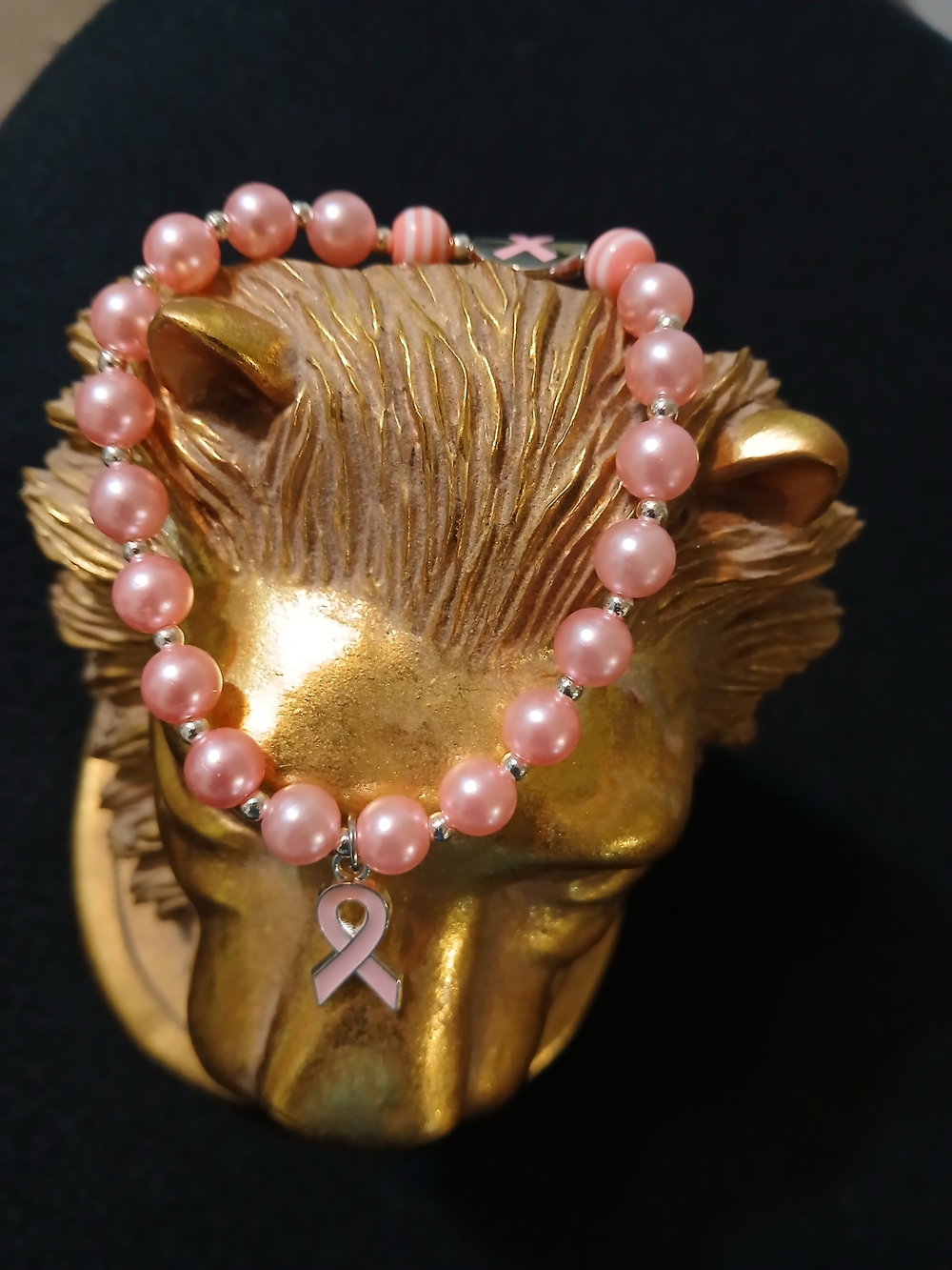 PINK PEARL BEADED BREAST CANCER SURVIVOR BRACELET with PINK RIBBON CHARM